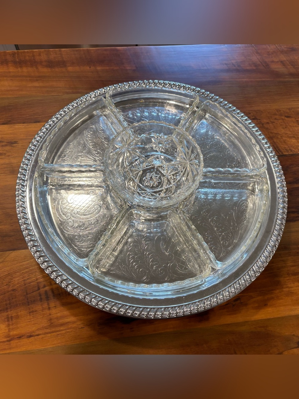 Vintage Irvinware Chromeware Revolving Susan Serving Tray with 7 glass sections